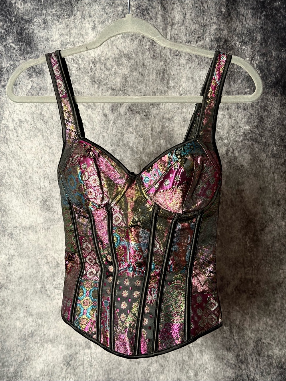 Floral Brocade Bustier Top in Metallic Pink and Black